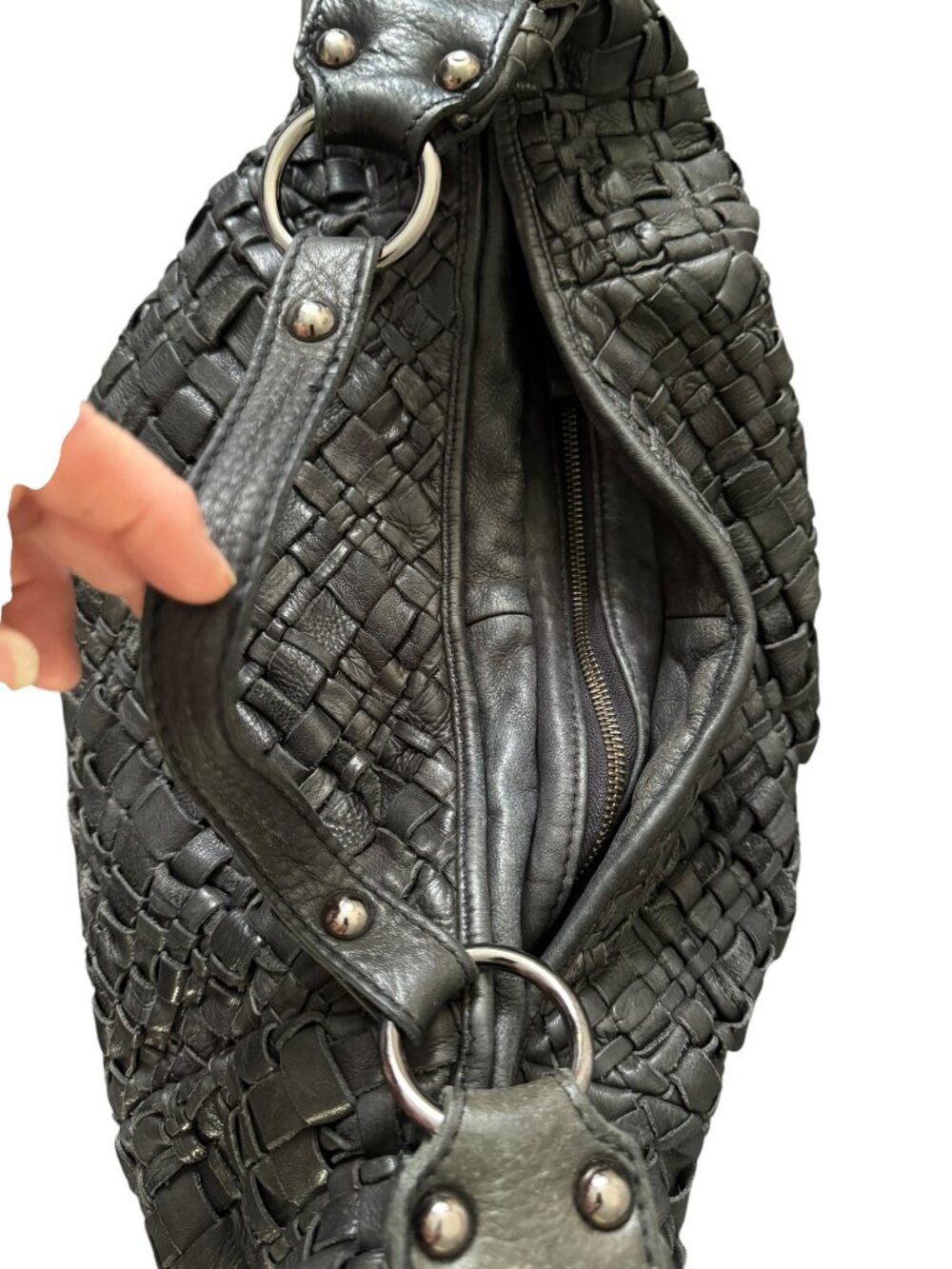 Tano Black Woven Leather Hobo Bag Large Slouchy Shoulder Purse Soft Boho EUC - Picture 8 of 10